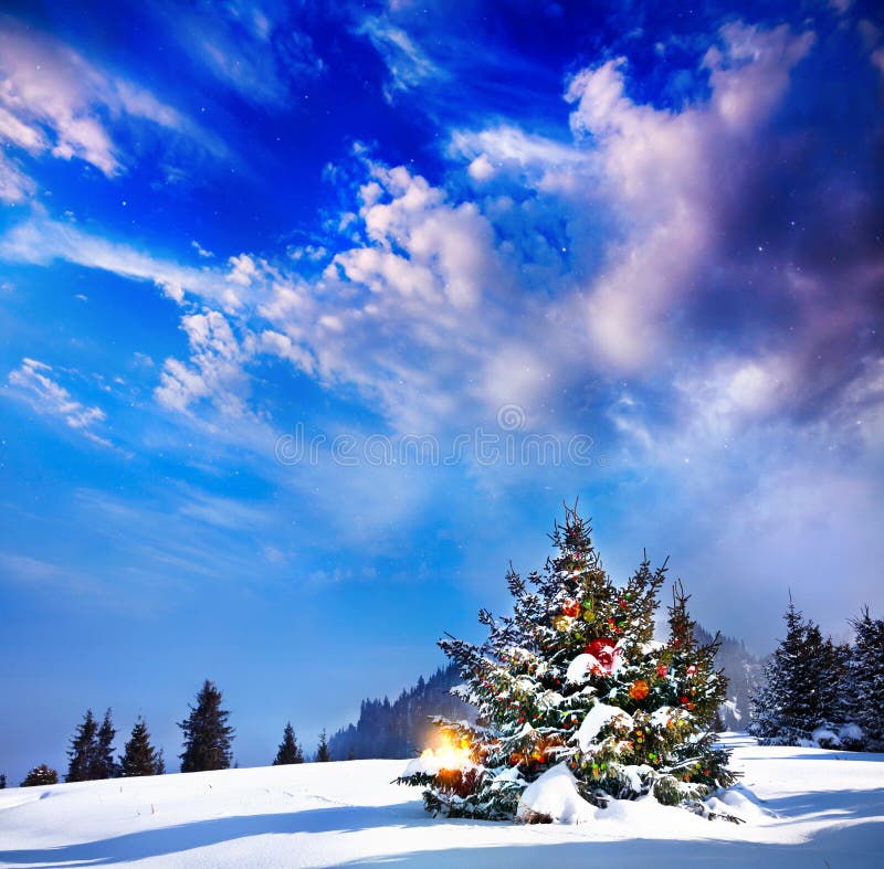 Albero di natale con le luci in montagna neve foresta drammatica sera di sfondo.