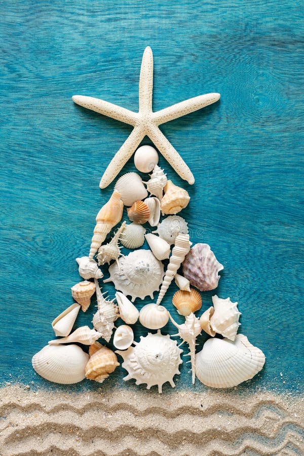 Christmas tree made from sea shells and starfish with sand decor