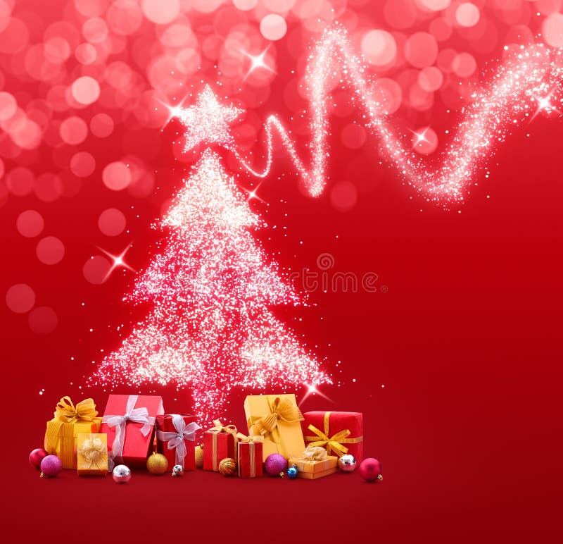 Christmas tree made of sparkles and lights with gifts and baubles on red background