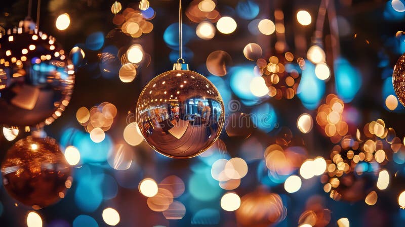 A Christmas tree with many ornaments and a shiny gold ball stock illustration