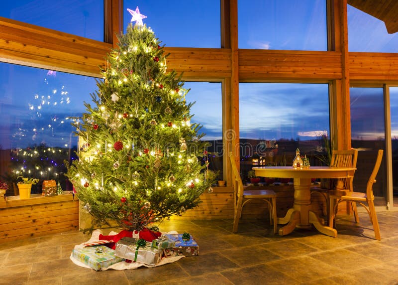 Home Christmas Tree in Window Stock Photo Image of ornaments