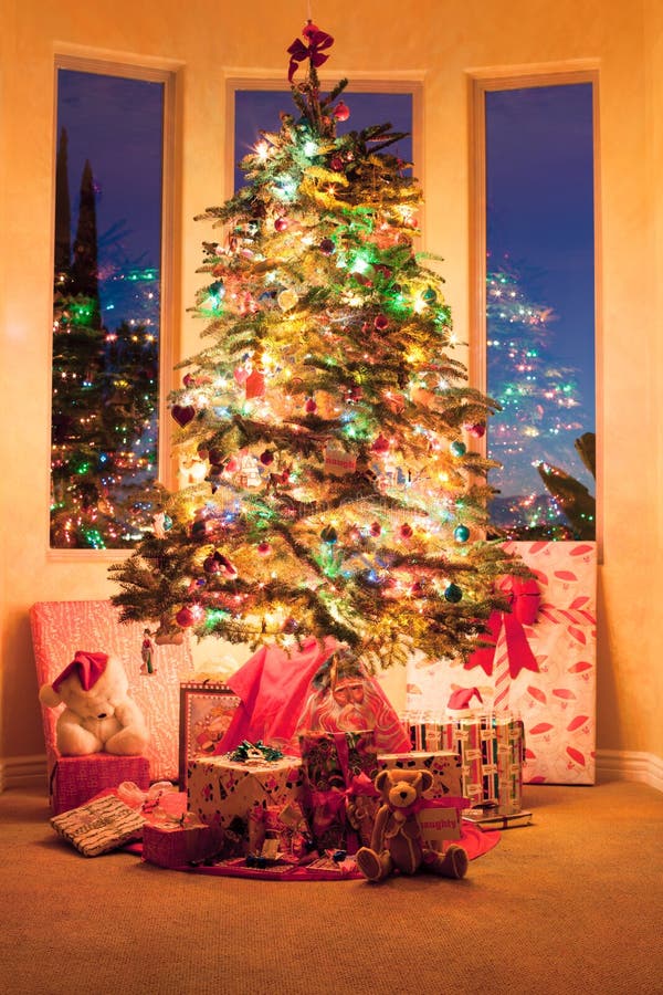 Lighted Christmas Tree in Cozy Home Stock Image Image of darkness