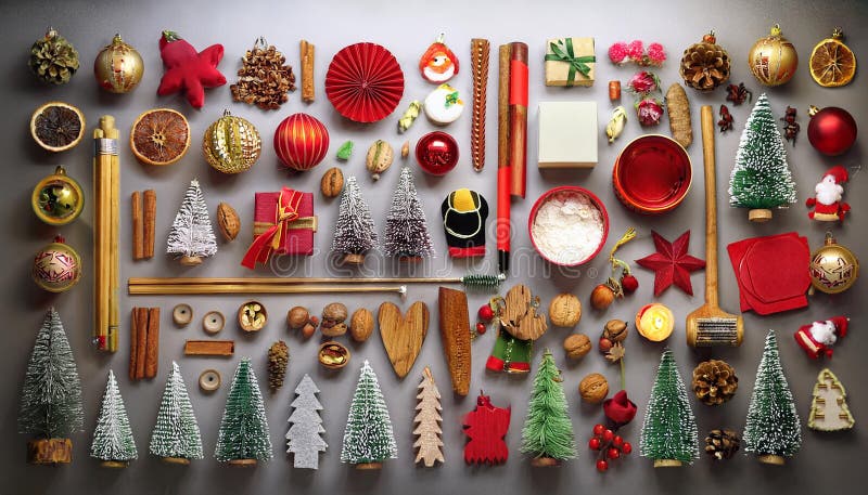 A Christmas tree ornament display with many different items including a box vector illustration