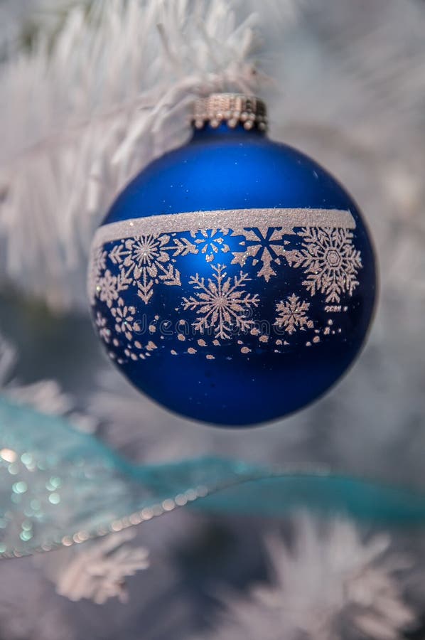 Christmas Tree Ornaments With Blue Lights Stock Image Image of