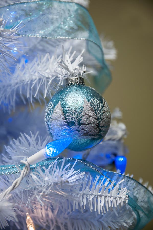 Christmas Tree Ornaments with Blue Lights Stock Image Image of