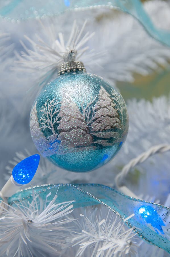 Christmas Tree Ornaments with Blue Lights Stock Image Image of
