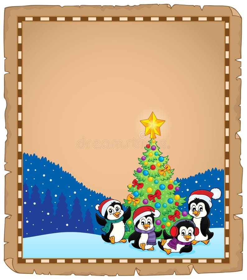 Christmas Tree and Penguins Parchment 2 Stock Vector Illustration of