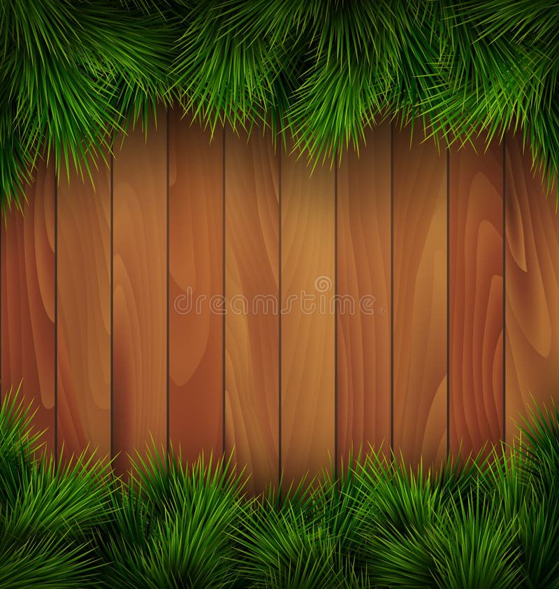 Christmas Tree Pine Branches Like Frame on Wooden Wall Stock Vector