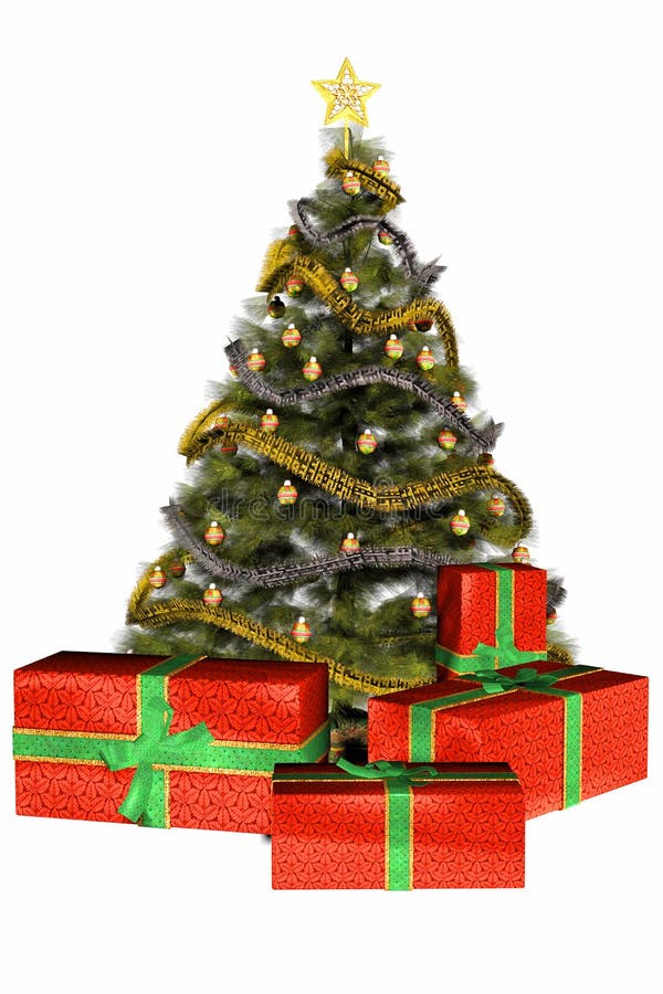 Christmas tree with a pile of christmas presents. Pile boxes illustrations