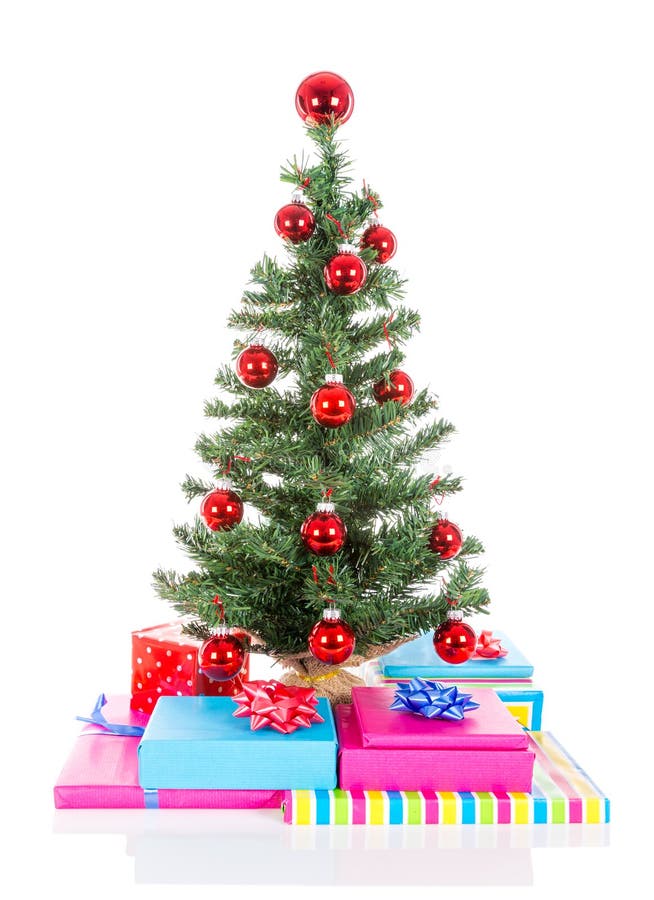 Christmas Tree with Red Balls and Gifts Isolated at White Stock Image
