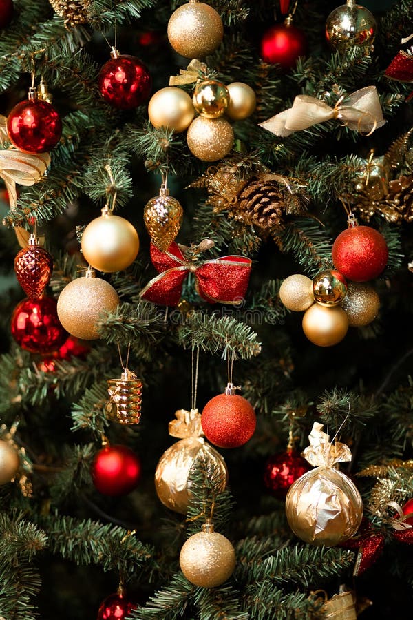 Christmas Tree with Red Checkered Bows and Ribbons and Festive Mood ...