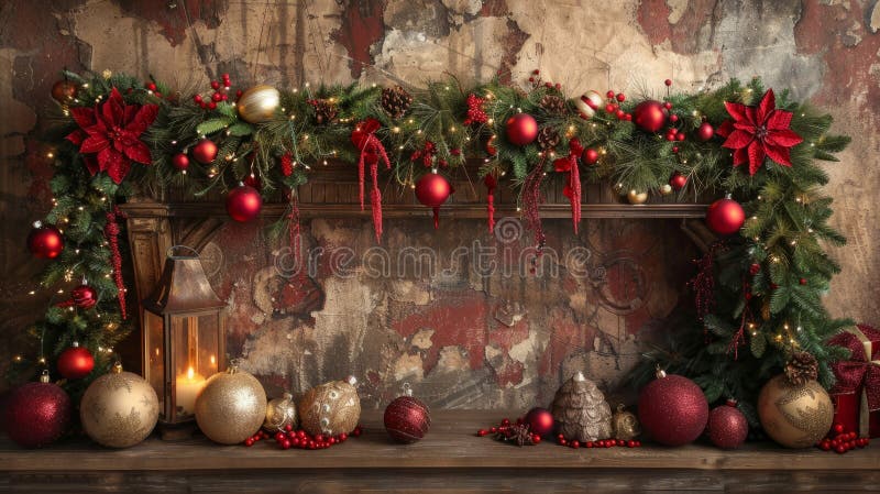 A Christmas tree with a red mantle and a candle on it stock illustration
