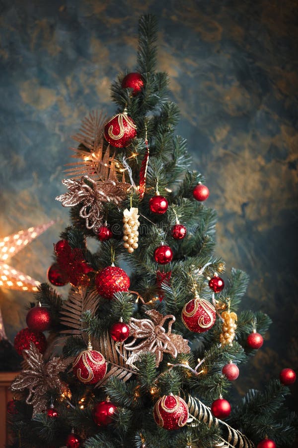 Christmas Tree with Red and Yellow Decorations Stock Photo Image of ornament, gold 82822430