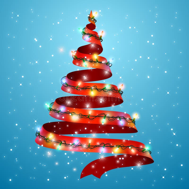 Christmas tree ribbon on background. Glowing lights for Xmas Holiday greeting card design. A new year and Christmas stock illustration Christmas tree ribbon on background. Glowing lights for Xmas Holiday greeting card design. A new year and Christmas stock illustration