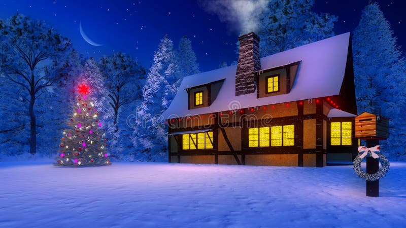 Christmas tree and rustic house at moonlight night