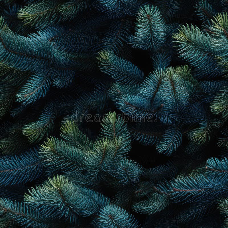 Christmas Tree Seamless Pattern, Natural Colorado Blue Spruce Twigs, Lush Coniferous Pattern, Generative AI Illustration AI generated. Christmas Tree Seamless Pattern, Natural Colorado Blue Spruce Twigs, Lush Coniferous Pattern, Generative AI Illustration AI generated