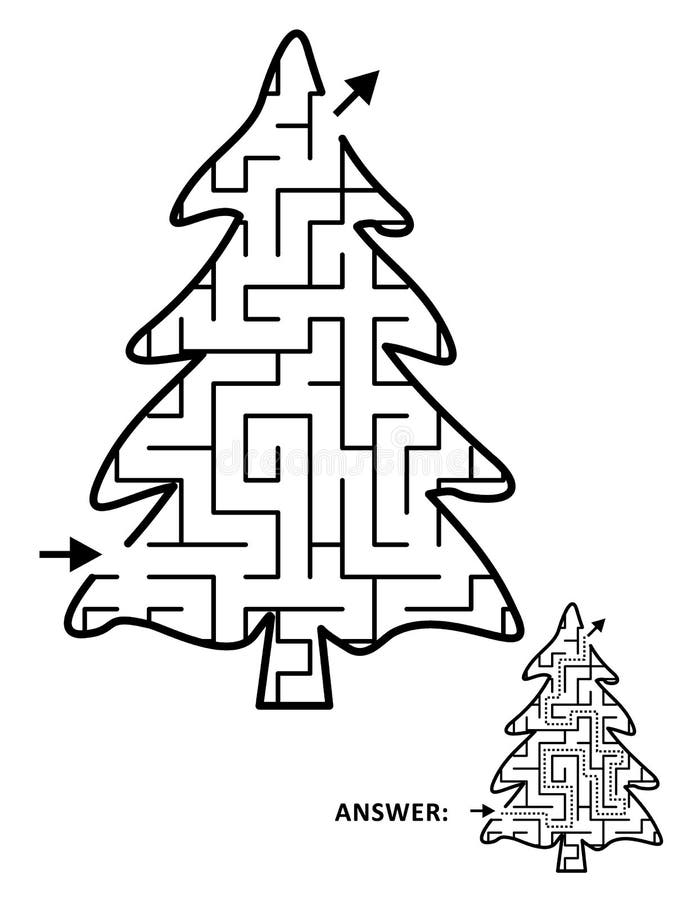 Christmas tree, or fir tree, shaped maze game for kids template. Answer included. Christmas tree, or fir tree, shaped maze game for kids template. Answer included.