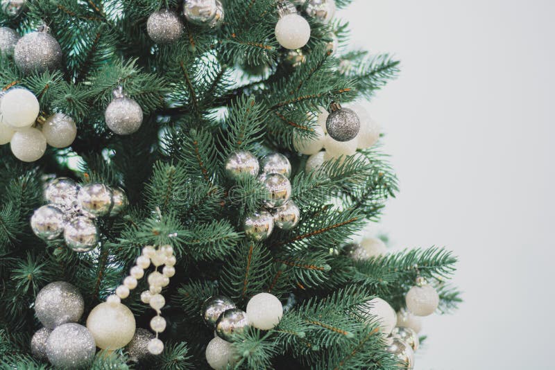 Christmas Tree with Silver Balls and Shiny Ribbon Stock Photo Image