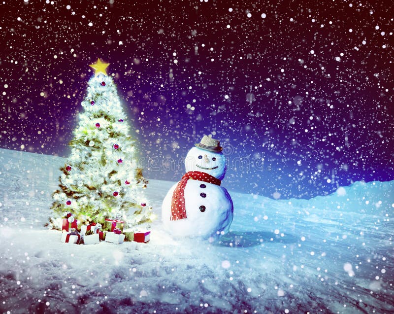 Christmas Tree Snowman Outdoor Concept Stock Image Image of lights