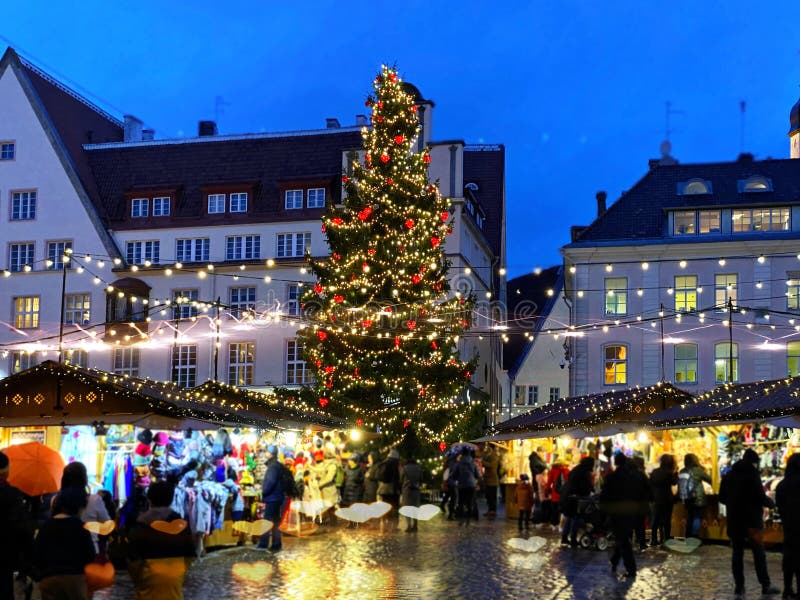 Christmas tree on Tallinn old town hall square market place  shopping city evening decoration people walking  street in medieval t