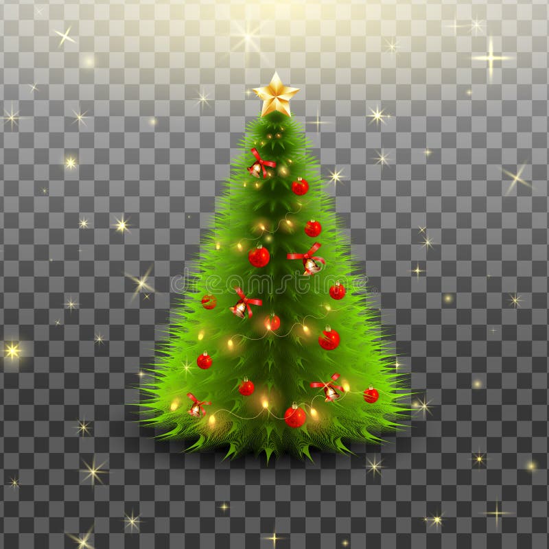 Christmas Tree with Bells, Red Balls and Star Isolated on Transparent