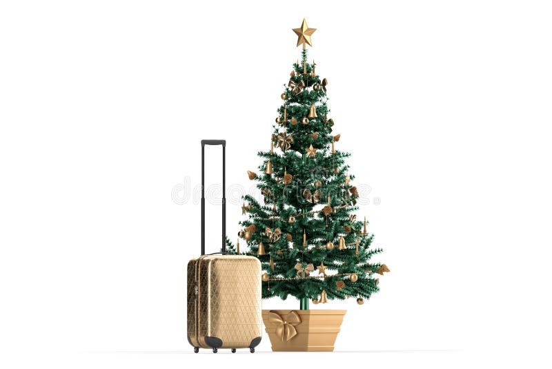 Christmas Tree and Travel Suitcase. Christmas Vacation Concept