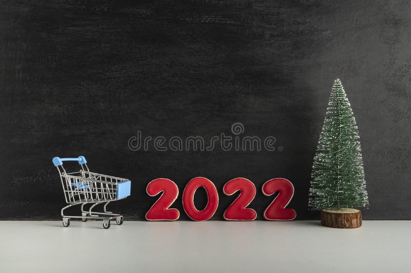 Christmas Tree, Trolley Cart And Numbers 2022 On Dark Background. Shopping For The New Year. Copy Space Stock Photo - Image Of Black, Miniature: 230526954
