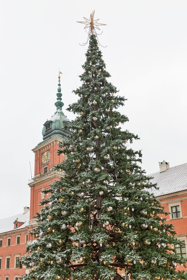 Christmas Tree in Warsaw, Poland. Stock Photo Image of facade, roof