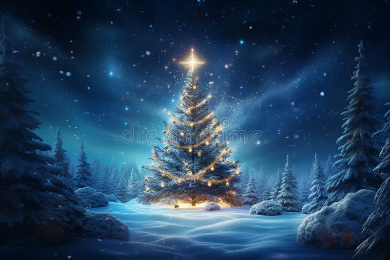 Christmas tree in winter forest with snowflakes. Christmas background royalty free illustration