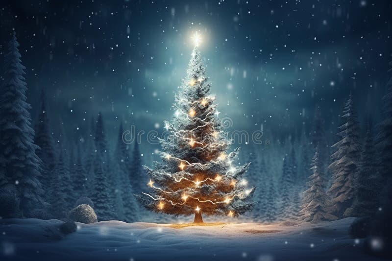 Christmas tree in winter forest with snowflakes. Christmas background vector illustration