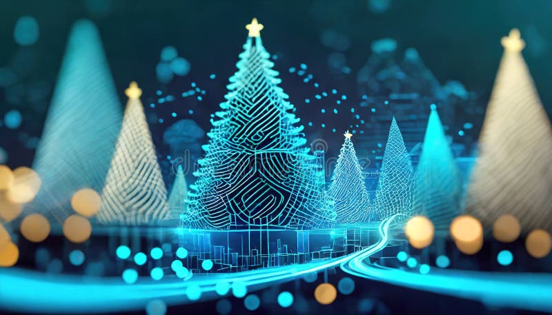 Christmas trees in digital world. Futuristic modern art internet microcircuit silicon chip background. Greeting Card and