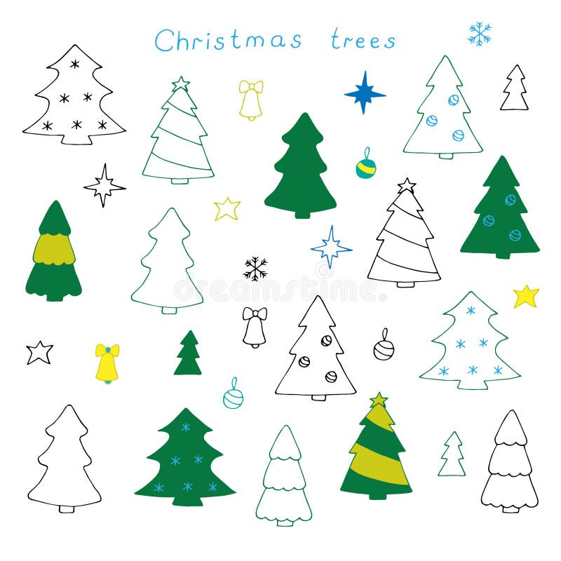 Christmas Trees Set Vector Illustration Outline and Colored Stock