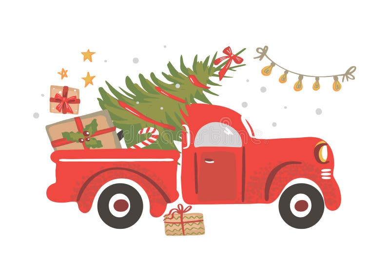 Vintage vector illustration Christmas red truck with a Christmas tree. roya...