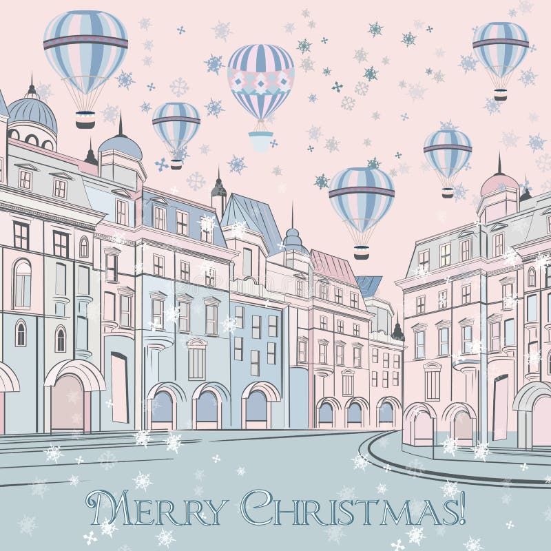 Christmas vector illustration, vintage greeting card with street and air balloons