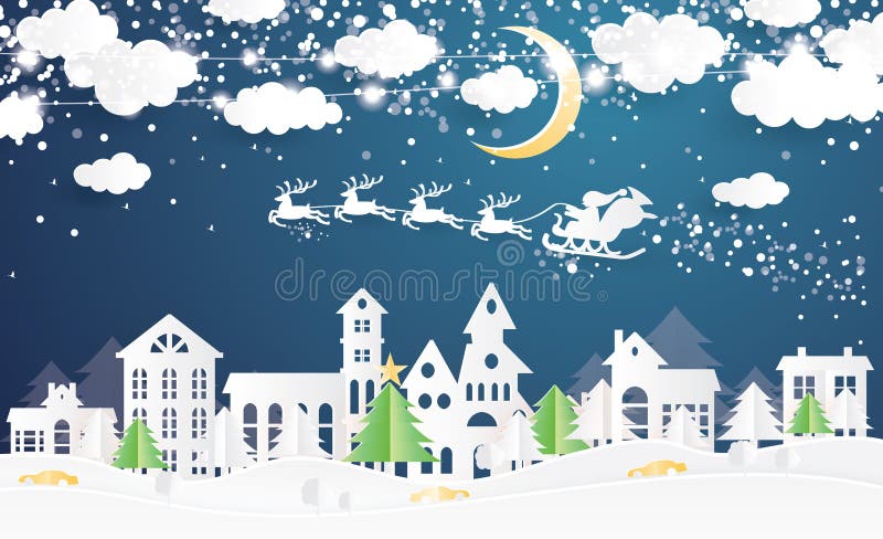 Christmas Village and Santa Claus in Sleigh in Paper Cut Style