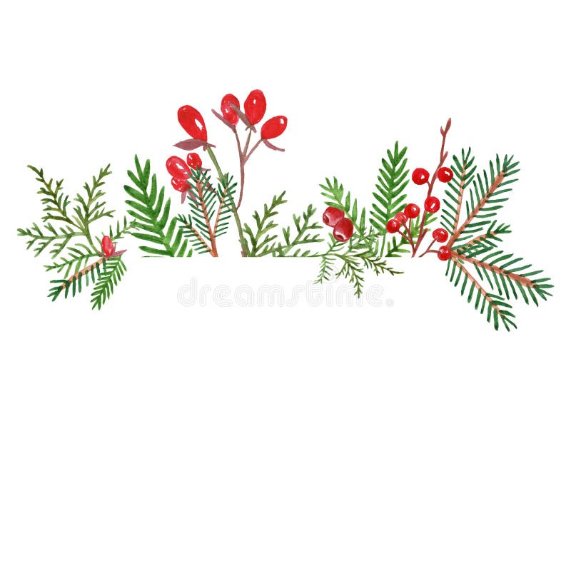Winter greenery border with space for text. Watercolor painted pine  branches, pine cones, red berries, on white background. Holiday frame,  Christmas card or banner design. Stock Illustration