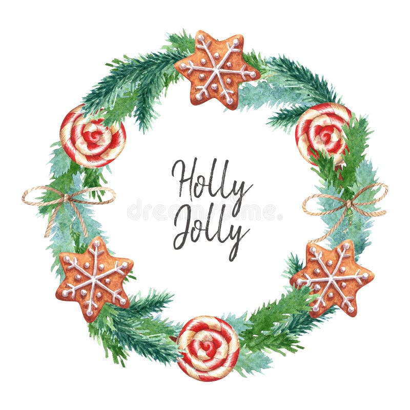 Christmas watercolor wreath with striped lollipops, gingerbreads, ropes. vector illustration Christmas watercolor wreath with striped lollipops, gingerbreads, ropes. vector illustration