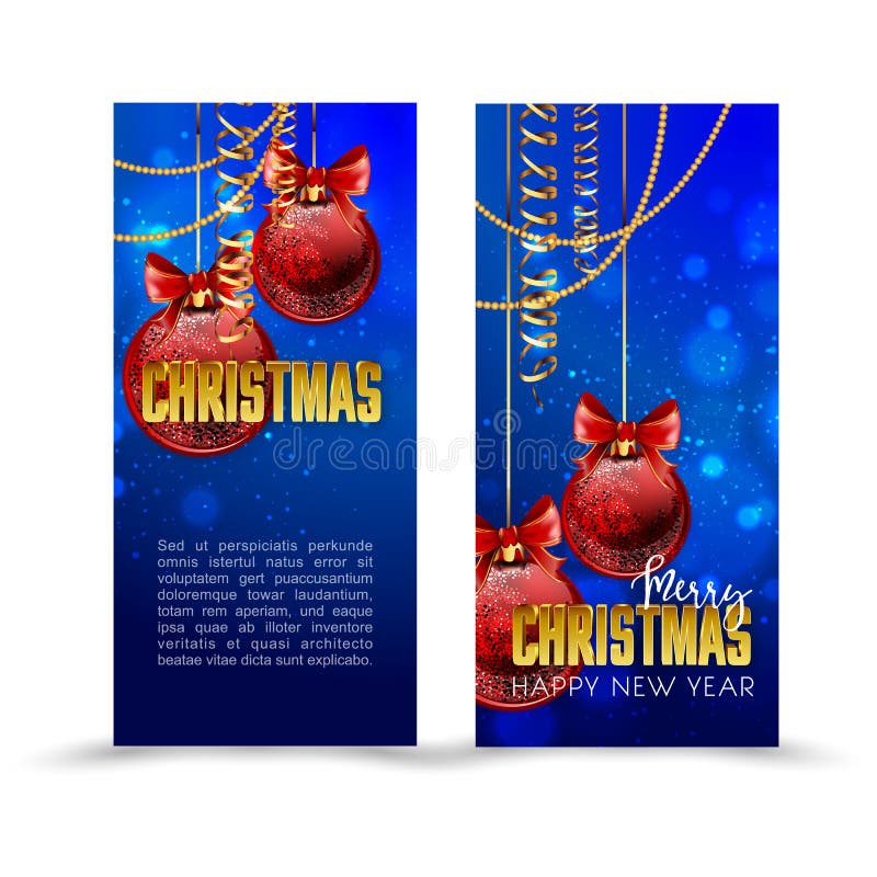 Christmas web banners set with red and gold ball sparkle blurred background.