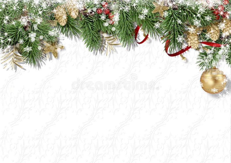Christmas White Background with Decorations, Holly and Branches Stock ...