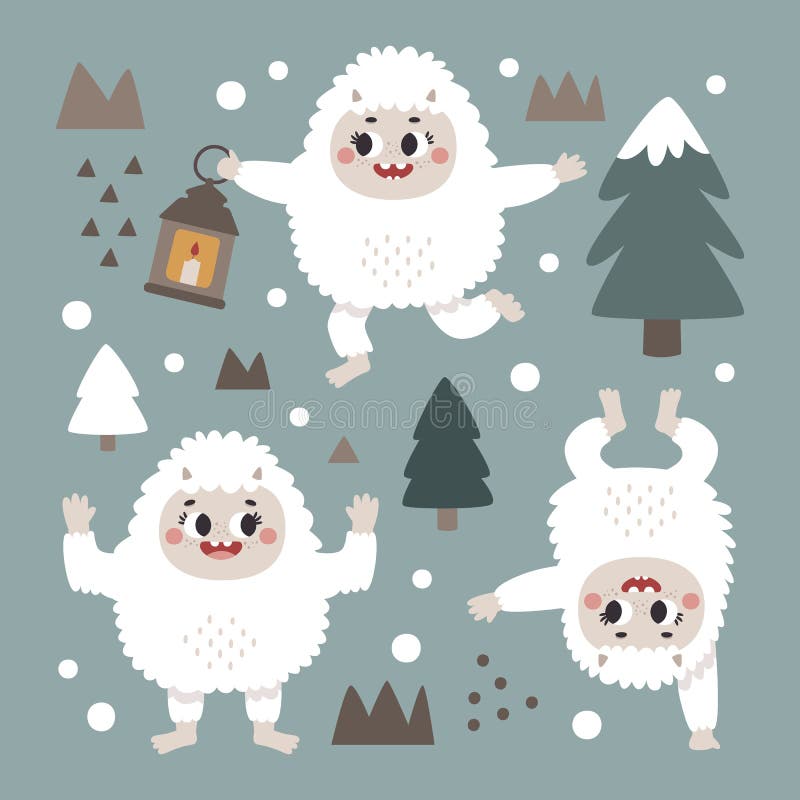 https://thumbs.dreamstime.com/b/christmas-wild-winter-cute-set-yeti-characters-bigfoot-stones-snow-tree-warming-candle-lantern-scandinavian-boho-style-225503585.jpg