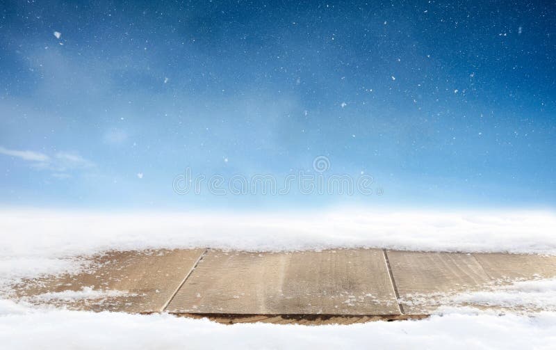 Christmas Winter Background And Table Of Wood. Merry 