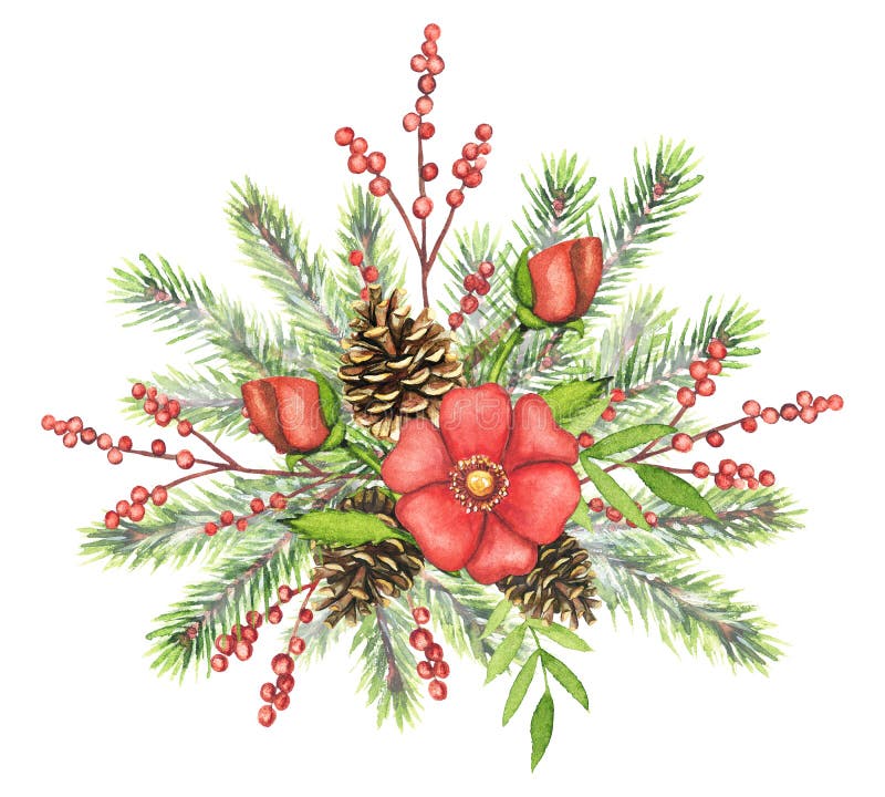 Watercolor Christmas bouquet with spruce, pinecones, red flowers