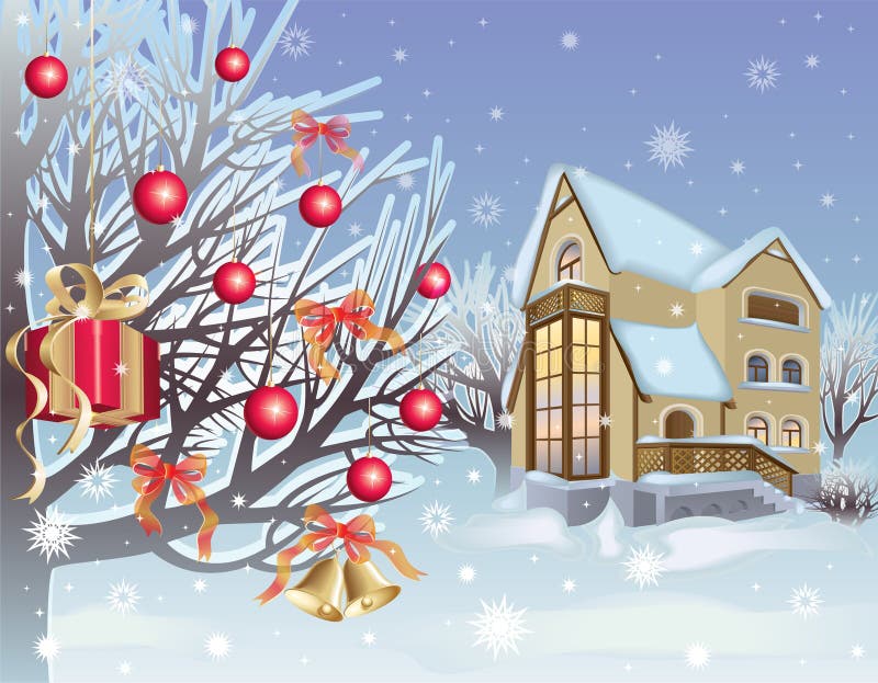 Beautiful house and snowbound trees with christmas balls, bells and gift box. Beautiful house and snowbound trees with christmas balls, bells and gift box