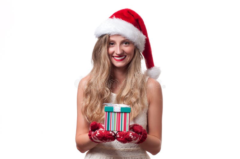 Christmas Beautiful Girl Wear Santa Hat with Christmas Gift Stock 