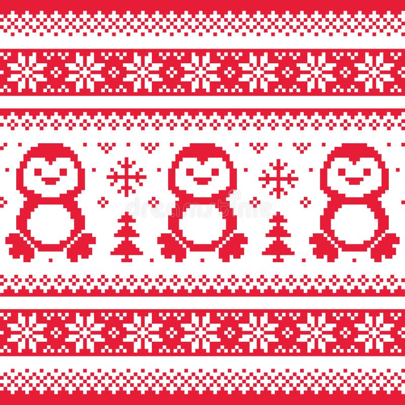 Christmas, Winter Knitted Pattern With Penguins - Scandinavian Sweater Style ...