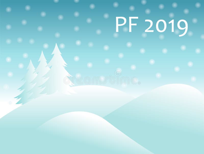 Christmas winter landscape with snow covered hills and spruce tree with falling snow balls and text sign PF 2019. new year vector