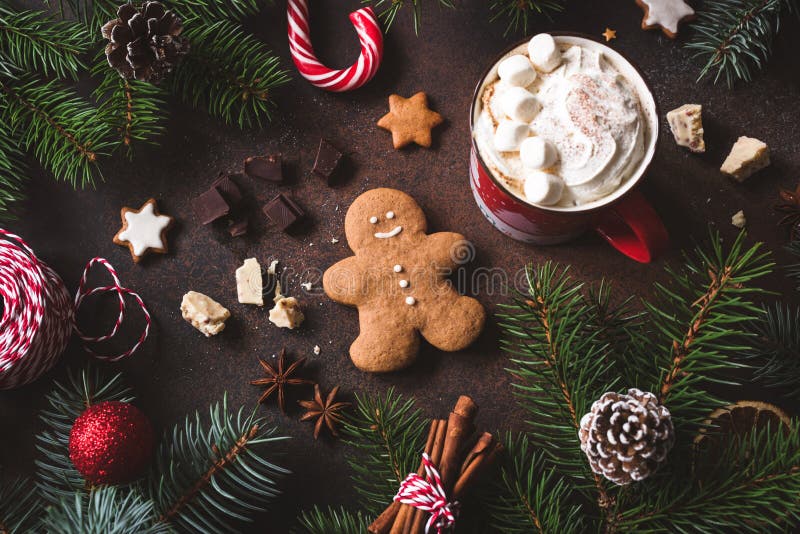 Christmas or winter still life with cup of hot chocolate, cookies and candy canes