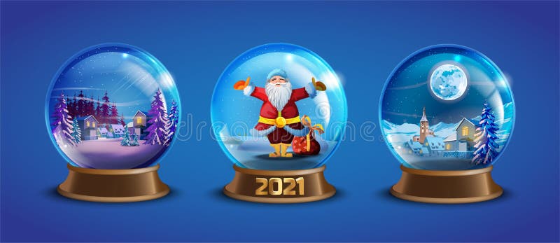 Christmas winter vector snow ball collection with decorated village houses, pine trees, Santa Claus. X-mas glass globe