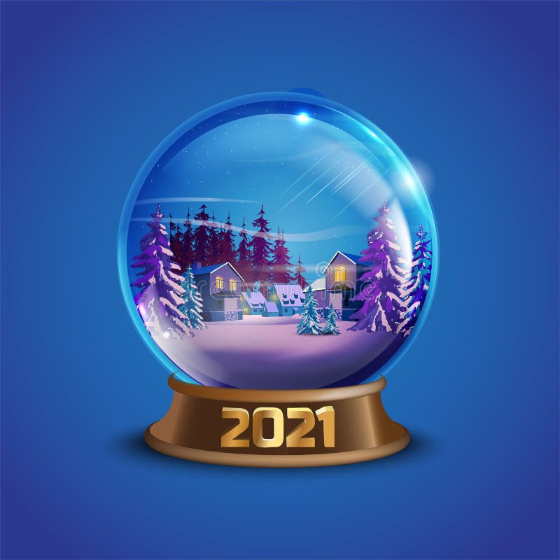 Christmas winter vector snow ball with decorated village houses, pine trees. X-mas glass globe set with small landscape