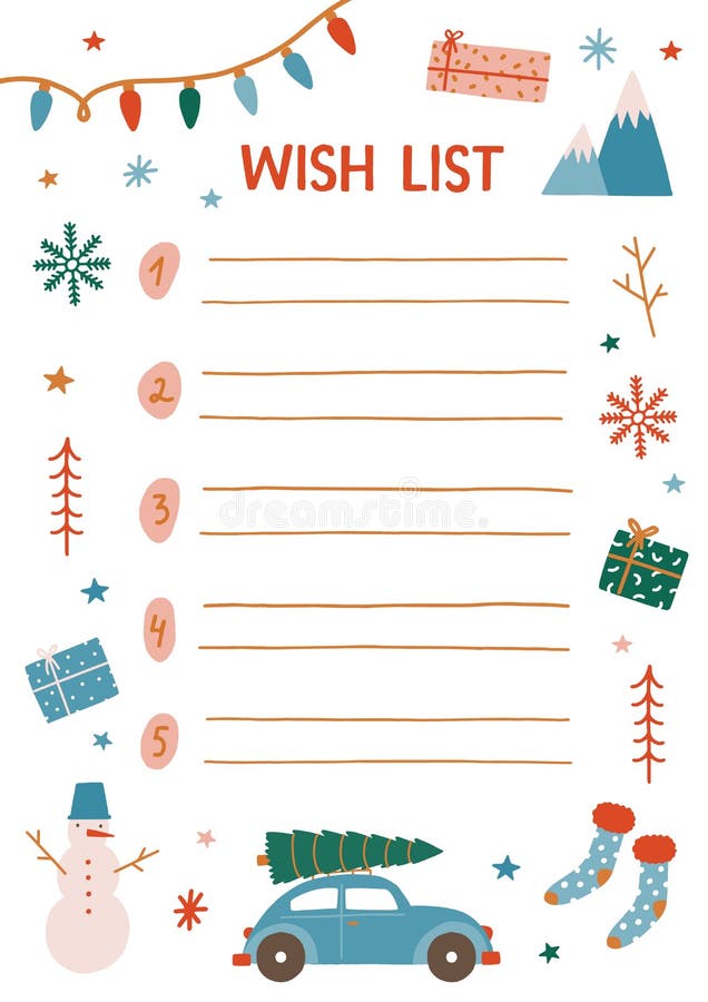 Christmas wish list vector illustration. Decorated notebook sheet page with empty lines. Childish Xmas expectations. New stock illustration